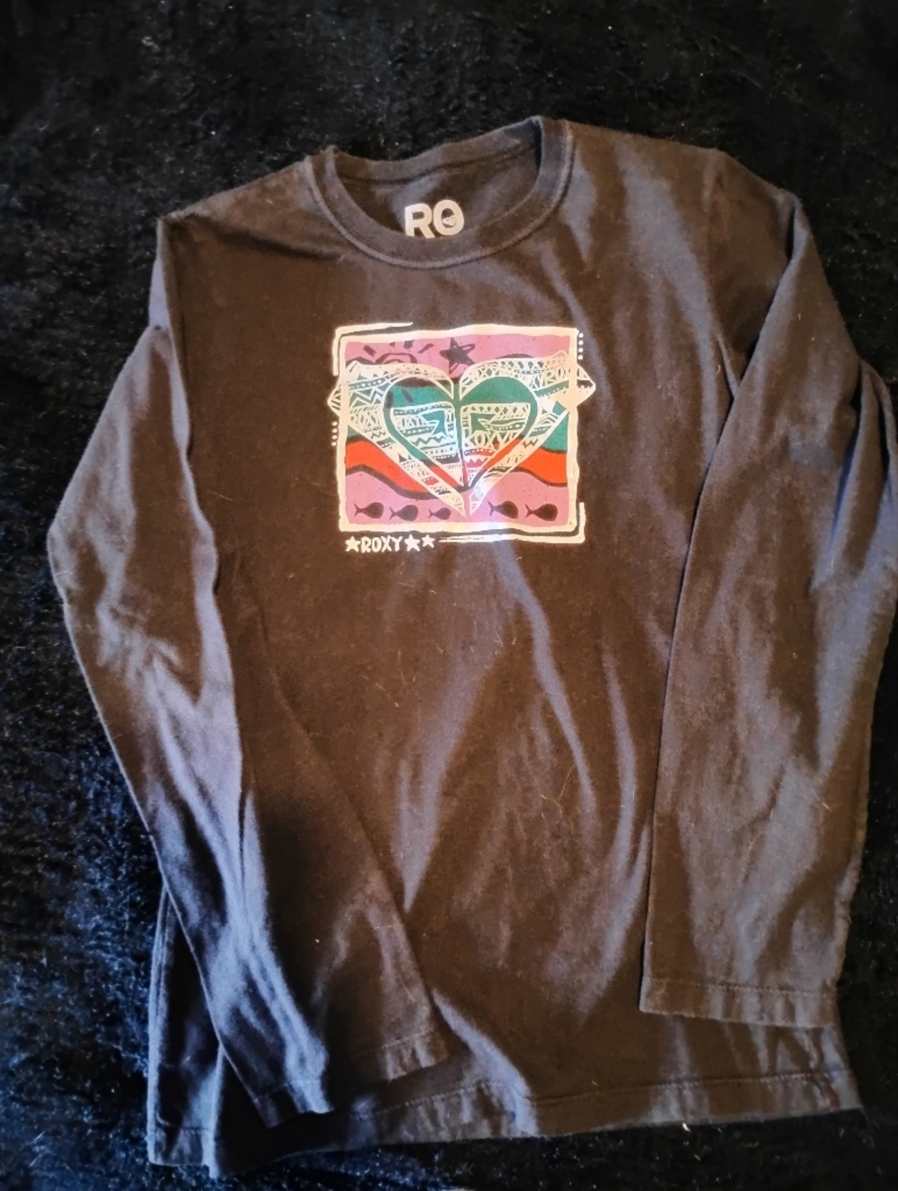 Roxy Black Long Sleeve Tee with Multicolor Heart Graphic
